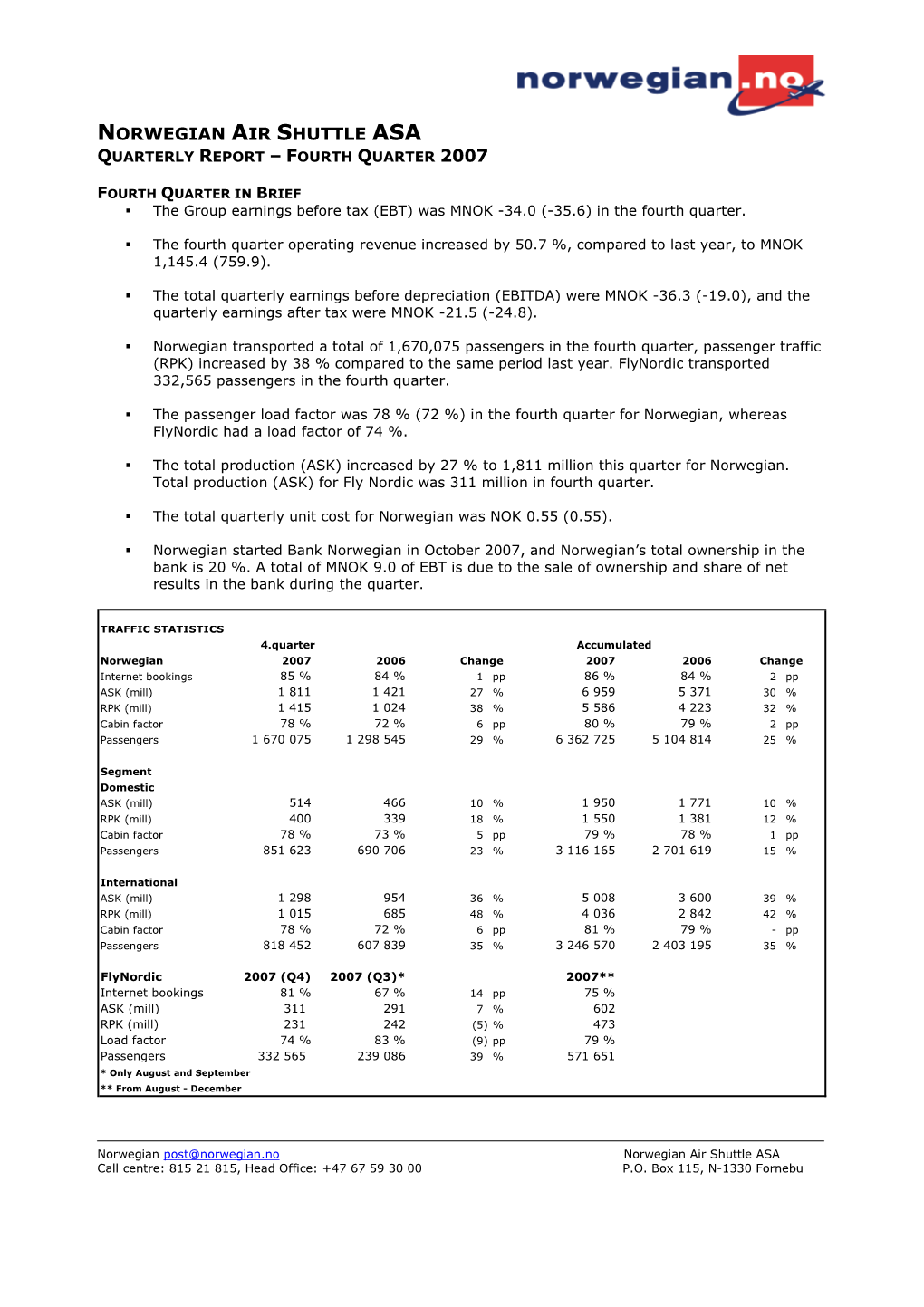Norwegian Air Shuttle Asa Quarterly Report – Fourth Quarter 2007