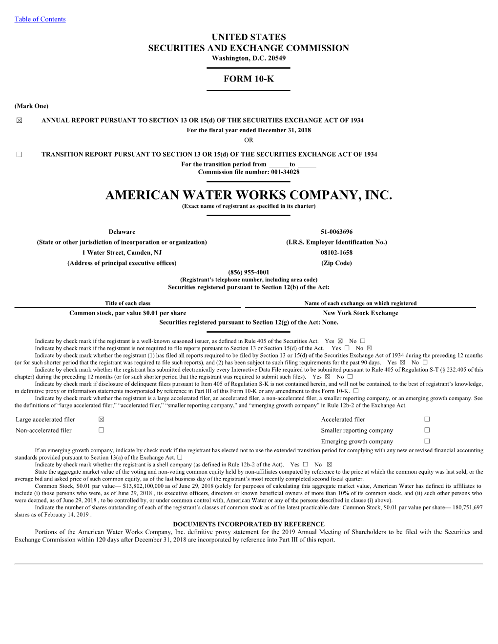AMERICAN WATER WORKS COMPANY, INC. (Exact Name of Registrant As Specified in Its Charter)