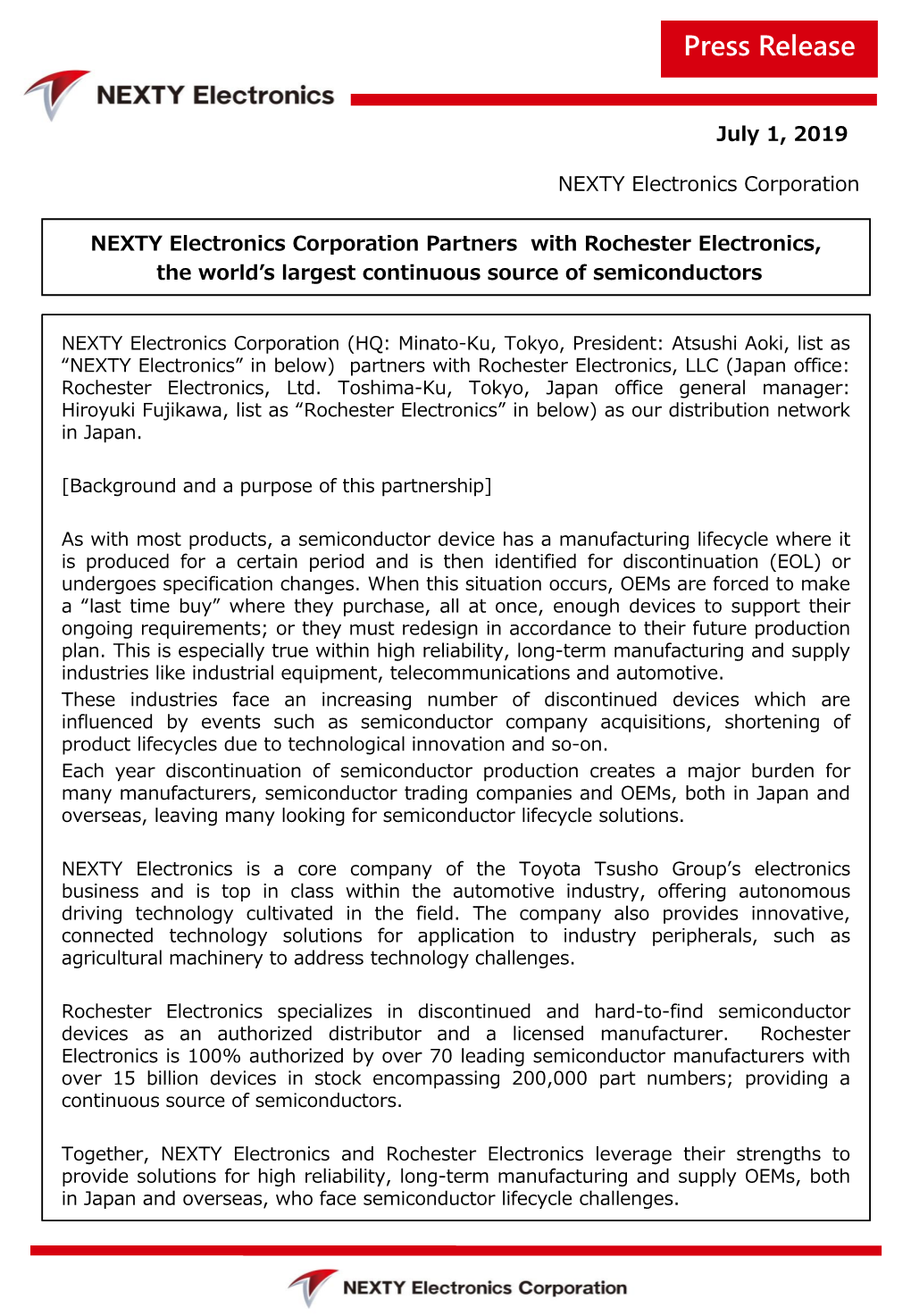 NEXTY Electronics Corporation Partners with Rochester Electronics, the World’S Largest Continuous Source of Semiconductors