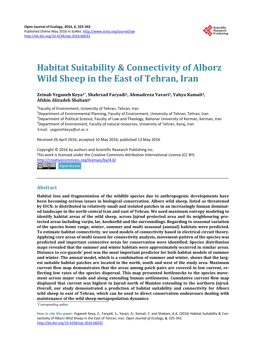 Habitat Suitability & Connectivity of Alborz Wild Sheep in the East Of