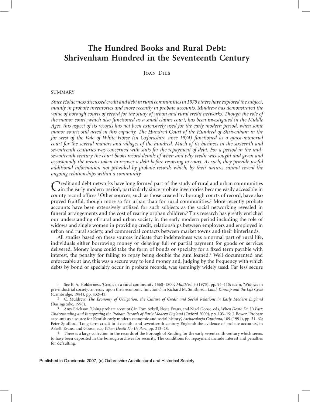 Shrivenham Hundred in the Seventeenth Century