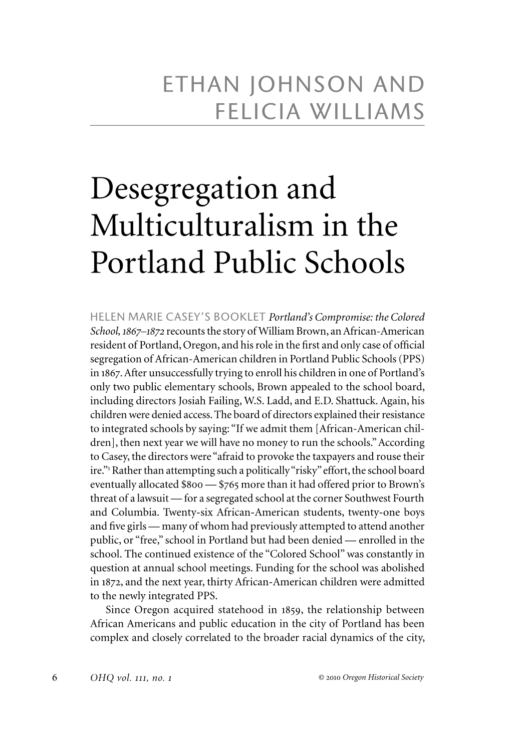 Desegregation and Multiculturalism in the Portland Public Schools