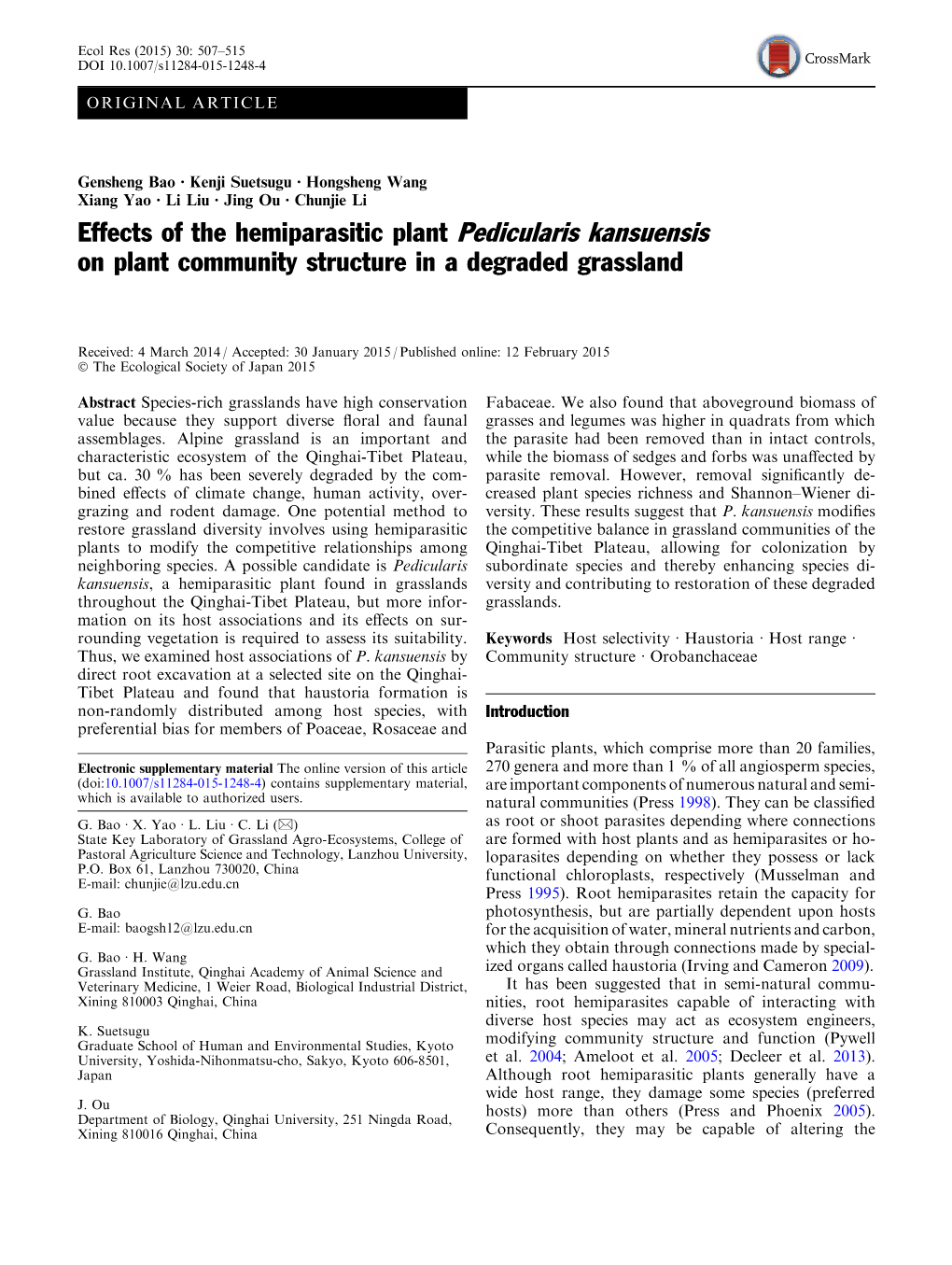 Effects of the Hemiparasitic Plant Pedicularis Kansuensis on Plant Community Structure in a Degraded Grassland