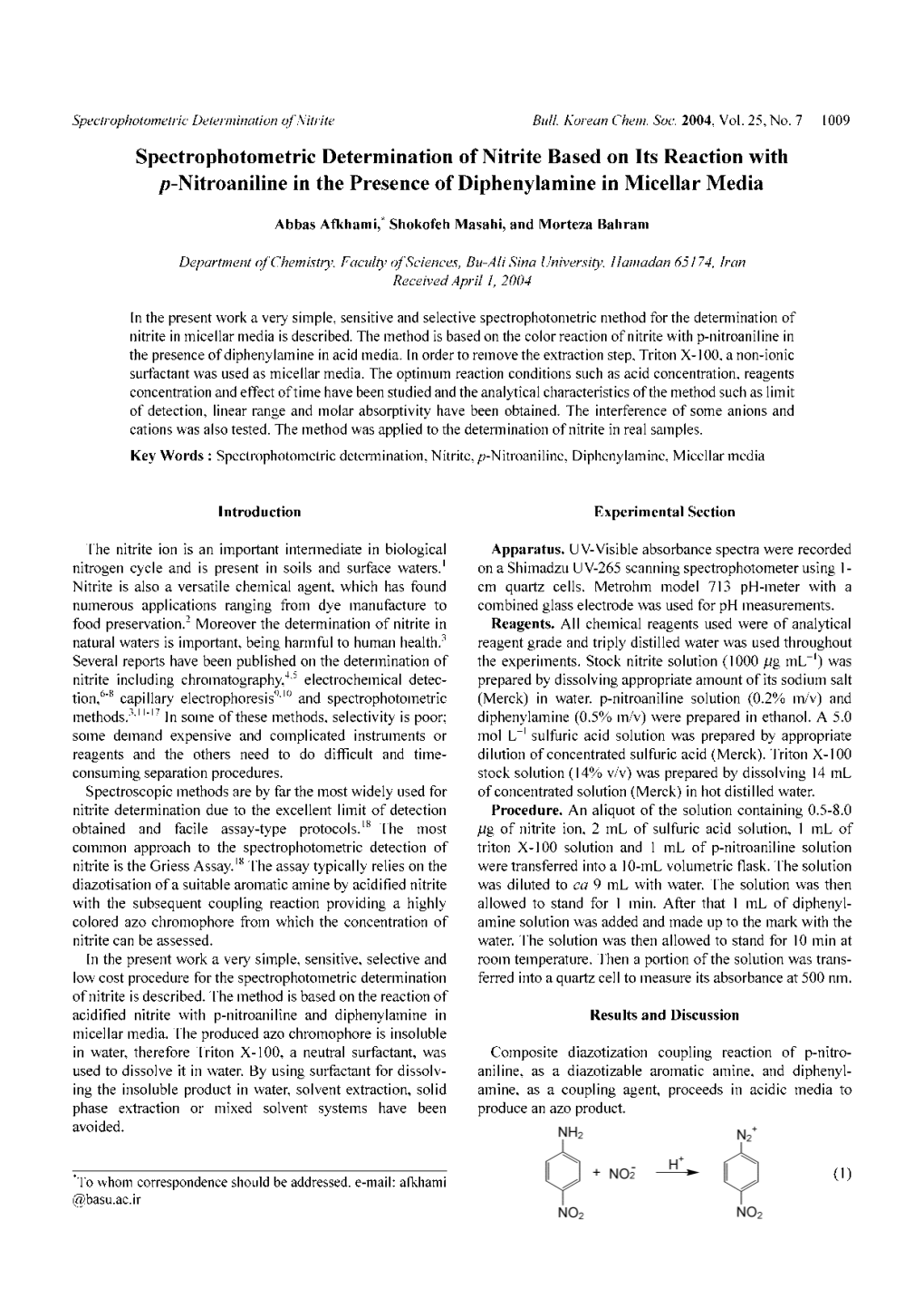 Of Nitrite Based on Its Reaction with 刀-Nitroaniline in the Presence of Diphenylamine in Micellar Media