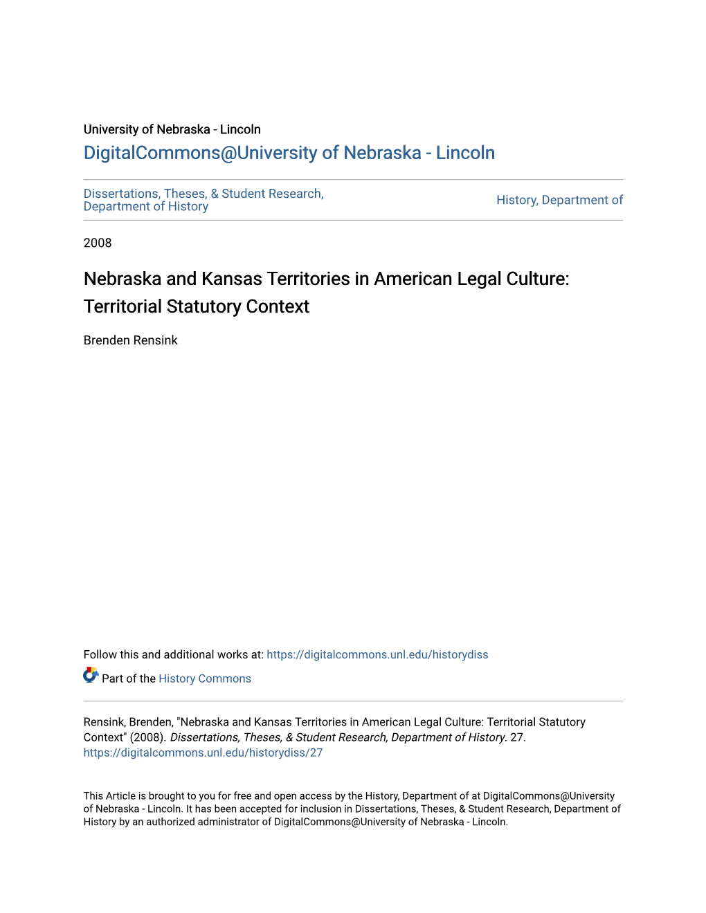 Nebraska and Kansas Territories in American Legal Culture: Territorial Statutory Context