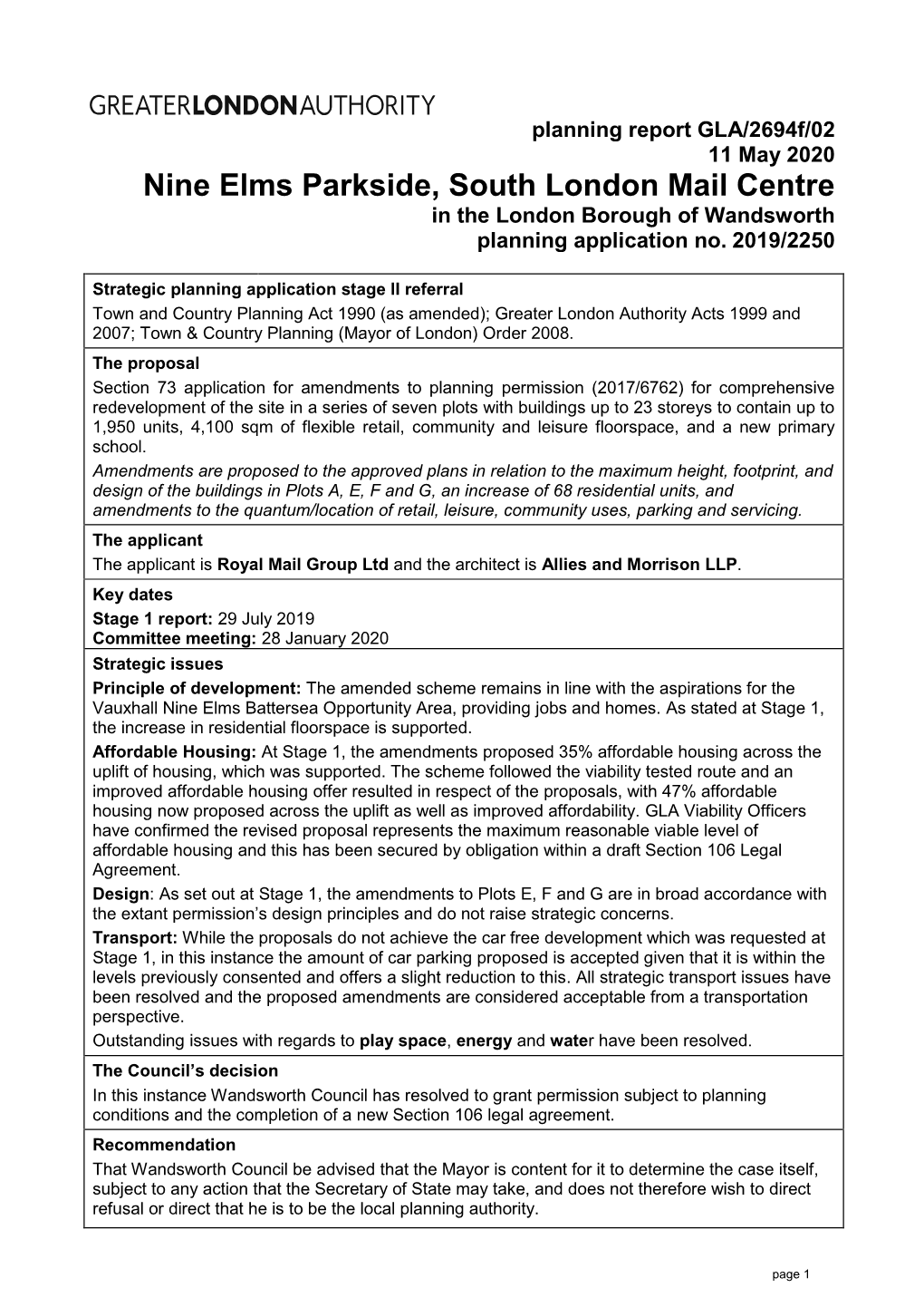 Nine Elms Parkside, South London Mail Centre in the London Borough of Wandsworth Planning Application No