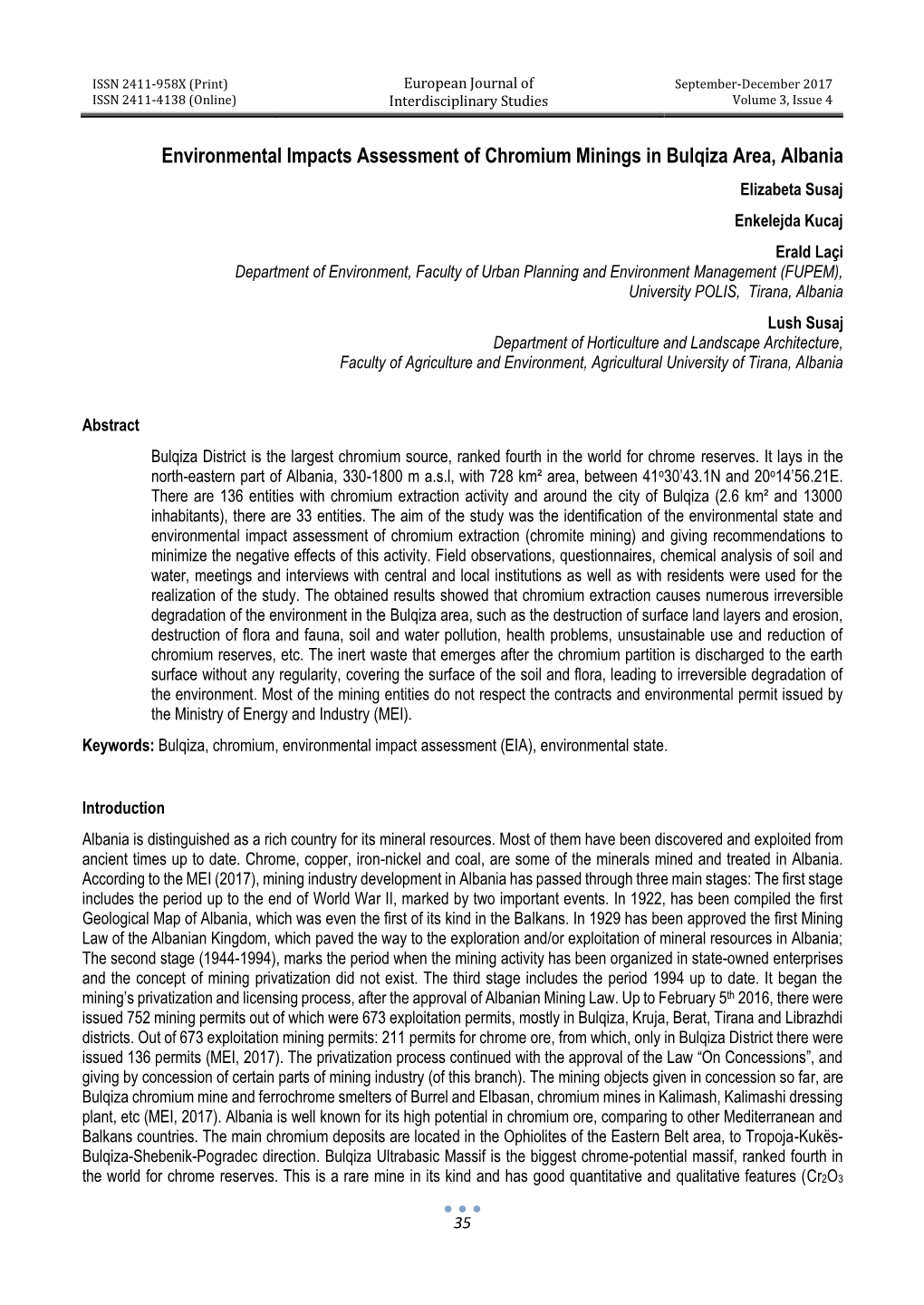 Environmental Impacts Assessment of Chromium Minings in Bulqiza Area, Albania