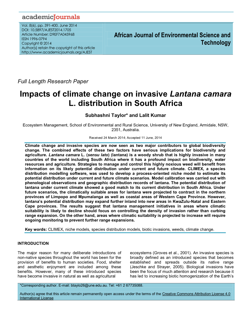 Impacts of Climate Change on Invasive Lantana Camara L. Distribution in South Africa