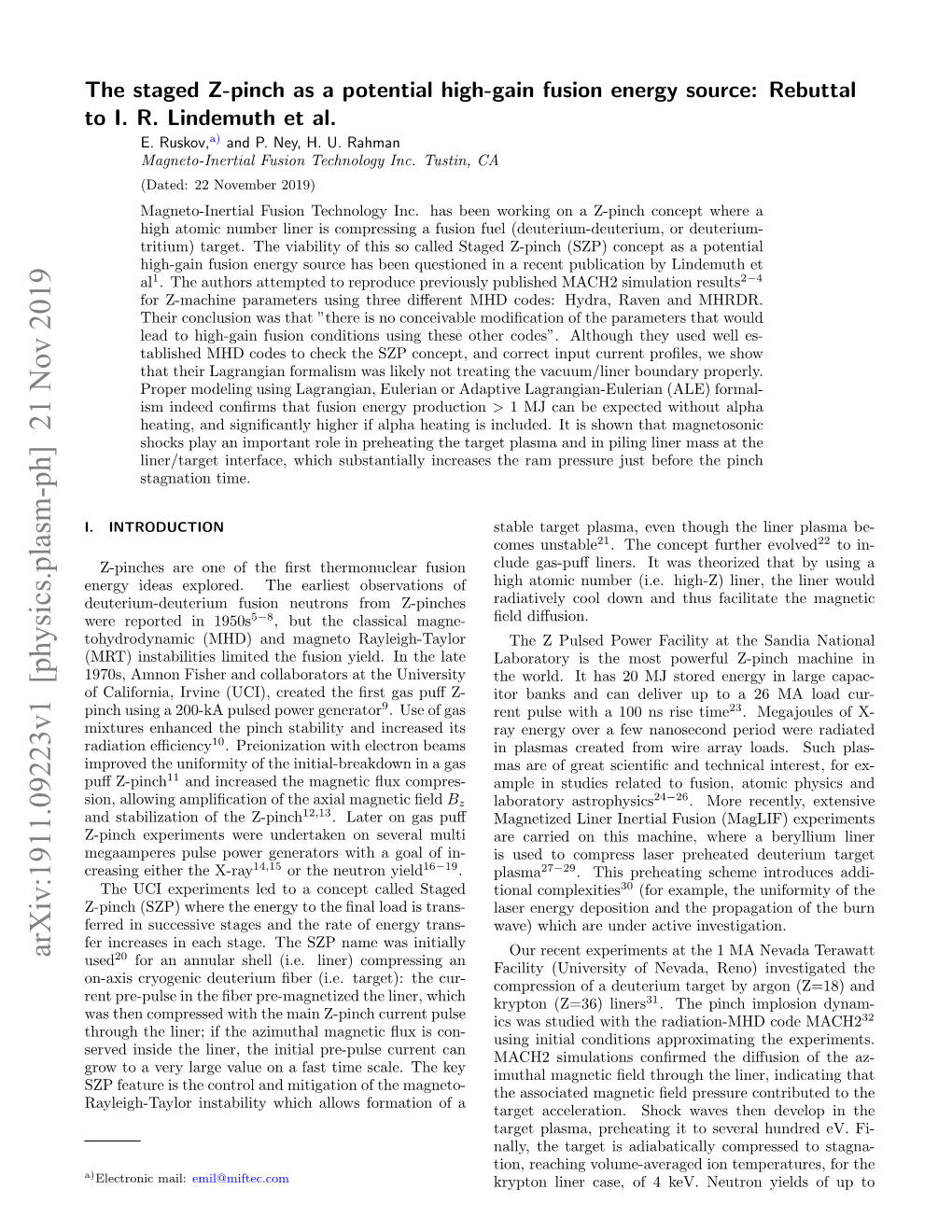 Arxiv:1911.09223V1 [Physics.Plasm-Ph] 21 Nov 2019 Our Recent Experiments at the 1 MA Nevada Terawatt Used20 for an Annular Shell (I.E