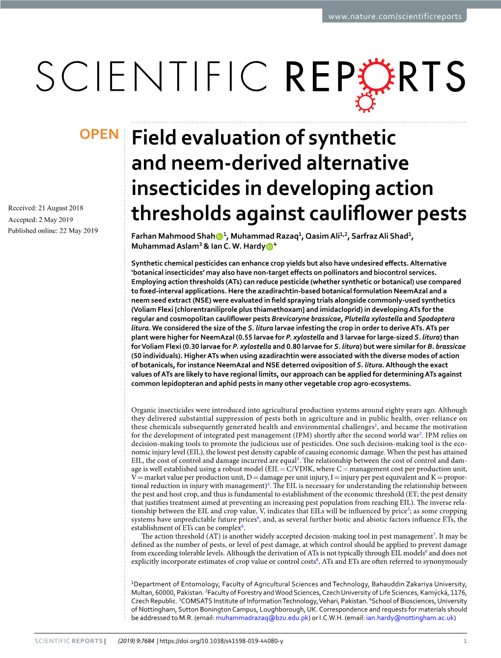 Field Evaluation of Synthetic and Neem-Derived Alternative Insecticides In