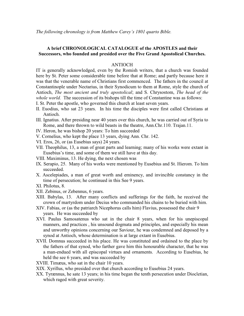 The Following Chronology Is from Matthew Carey's 1801 Quarto Bible