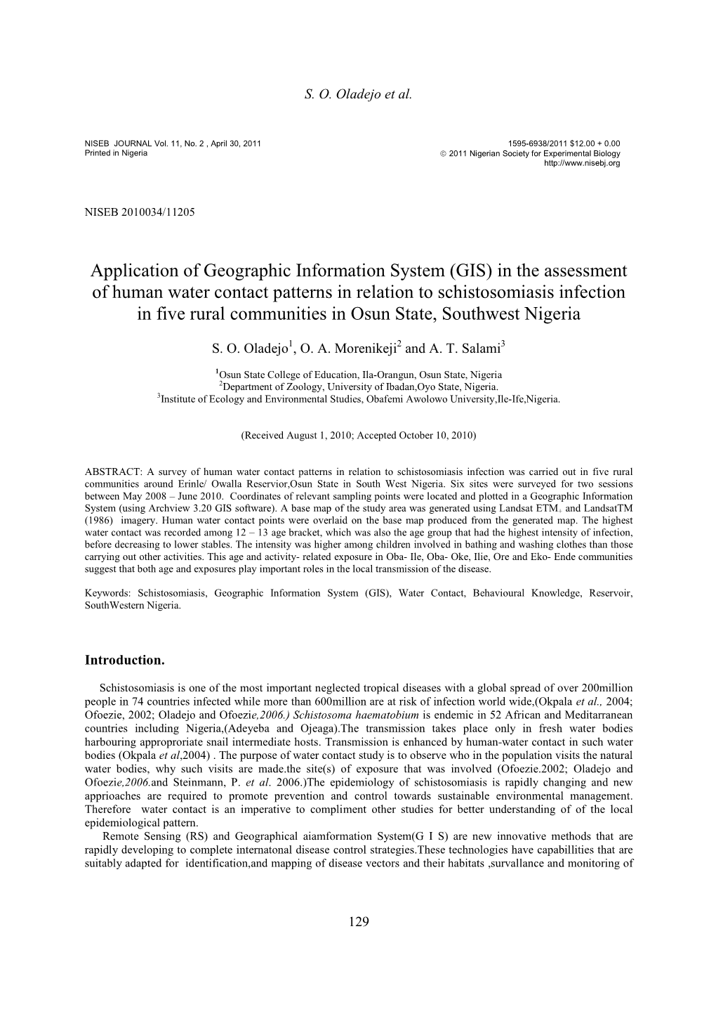 Application of Geographic Information System (GIS) in the Assessment of Human Water Contact Patterns in Relation to Schistosomia