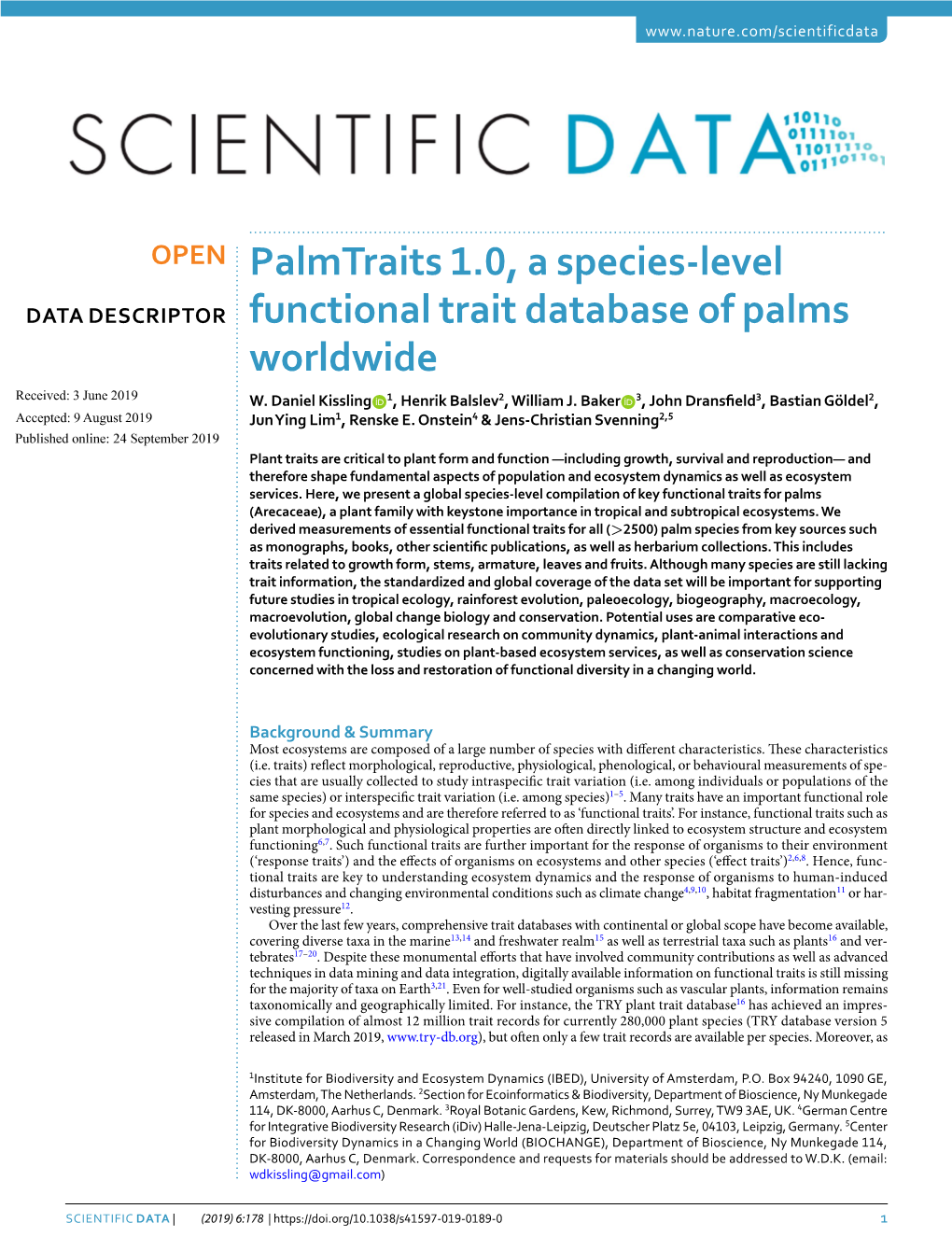 Palmtraits 1.0, a Species-Level Functional Trait Database of Palms Worldwide