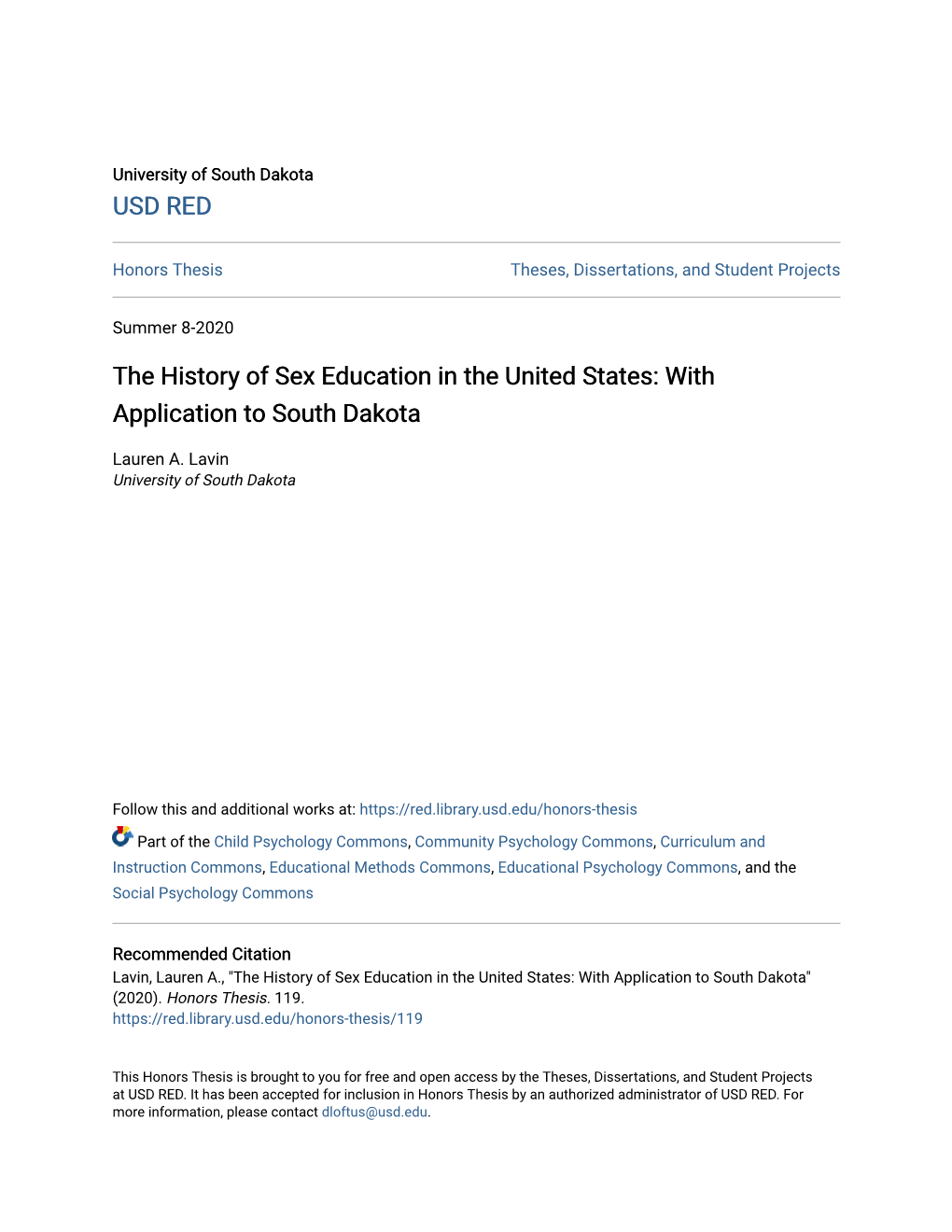 The History of Sex Education in the United States: with Application to South Dakota