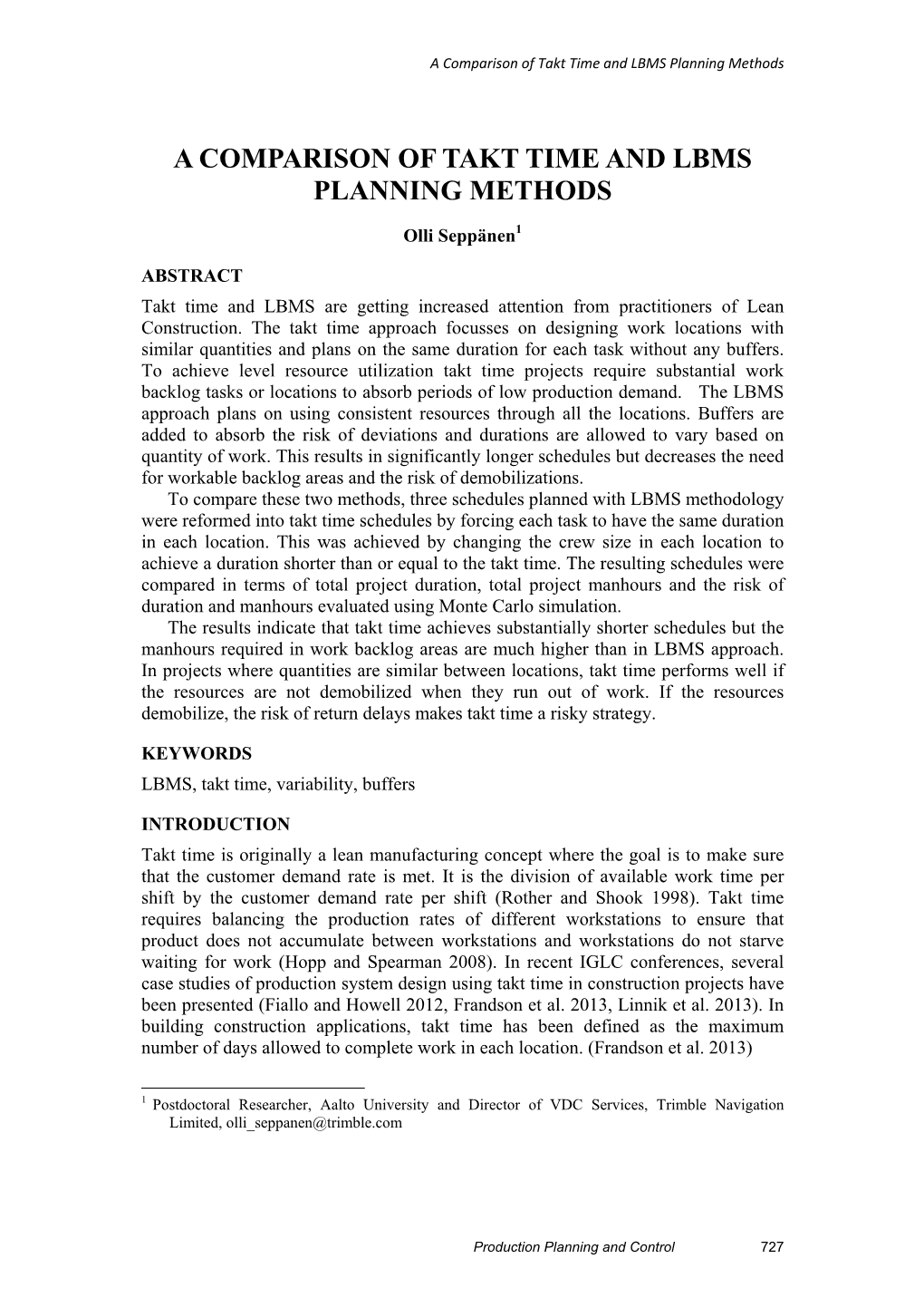 A Comparison of Takt Time and LBMS Planning Methods