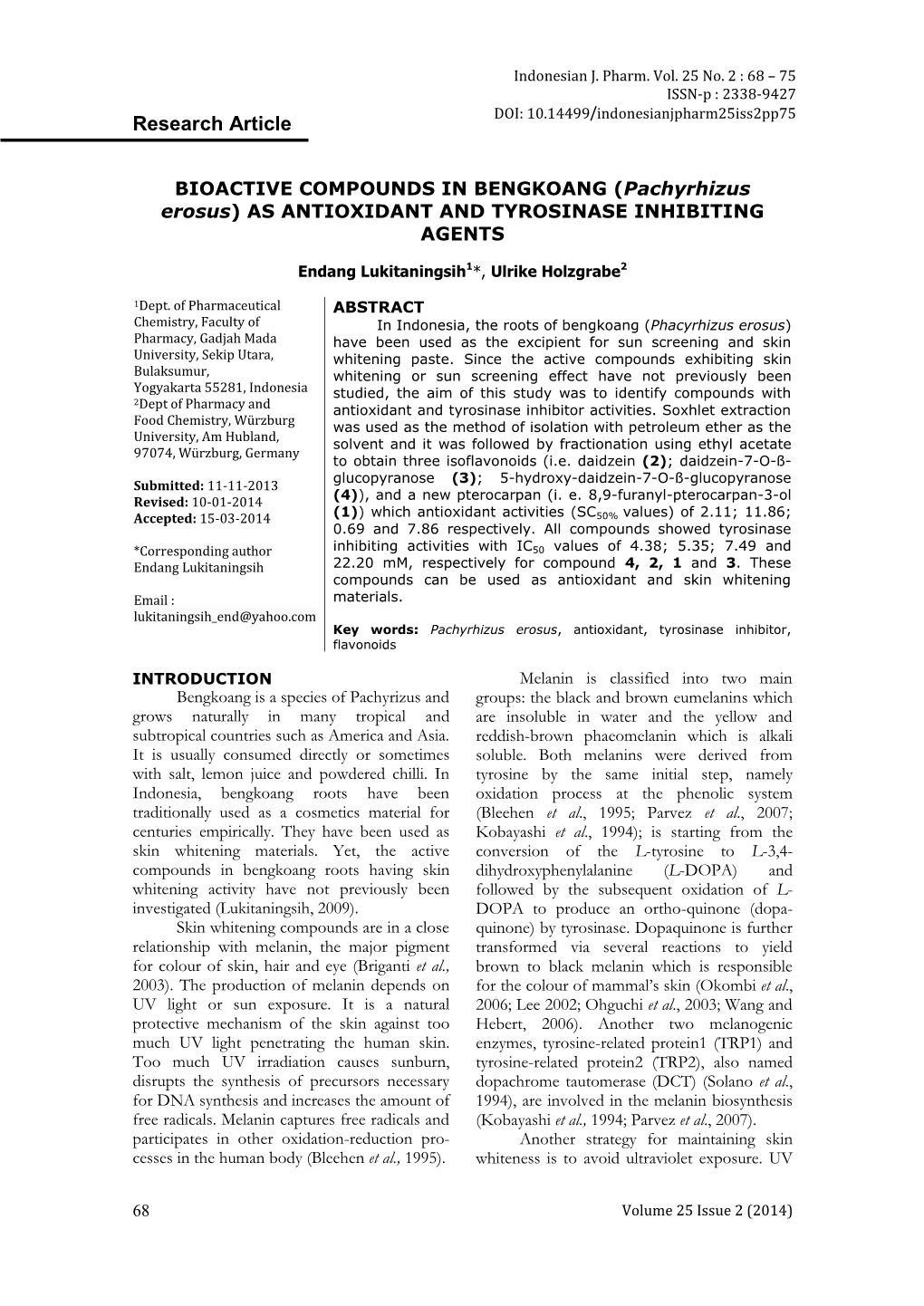 Bioactive Compounds in Bengkoang (Pachyrhizus Erosus ) As Antioxidant and Tyrosinase Inhibition Agents