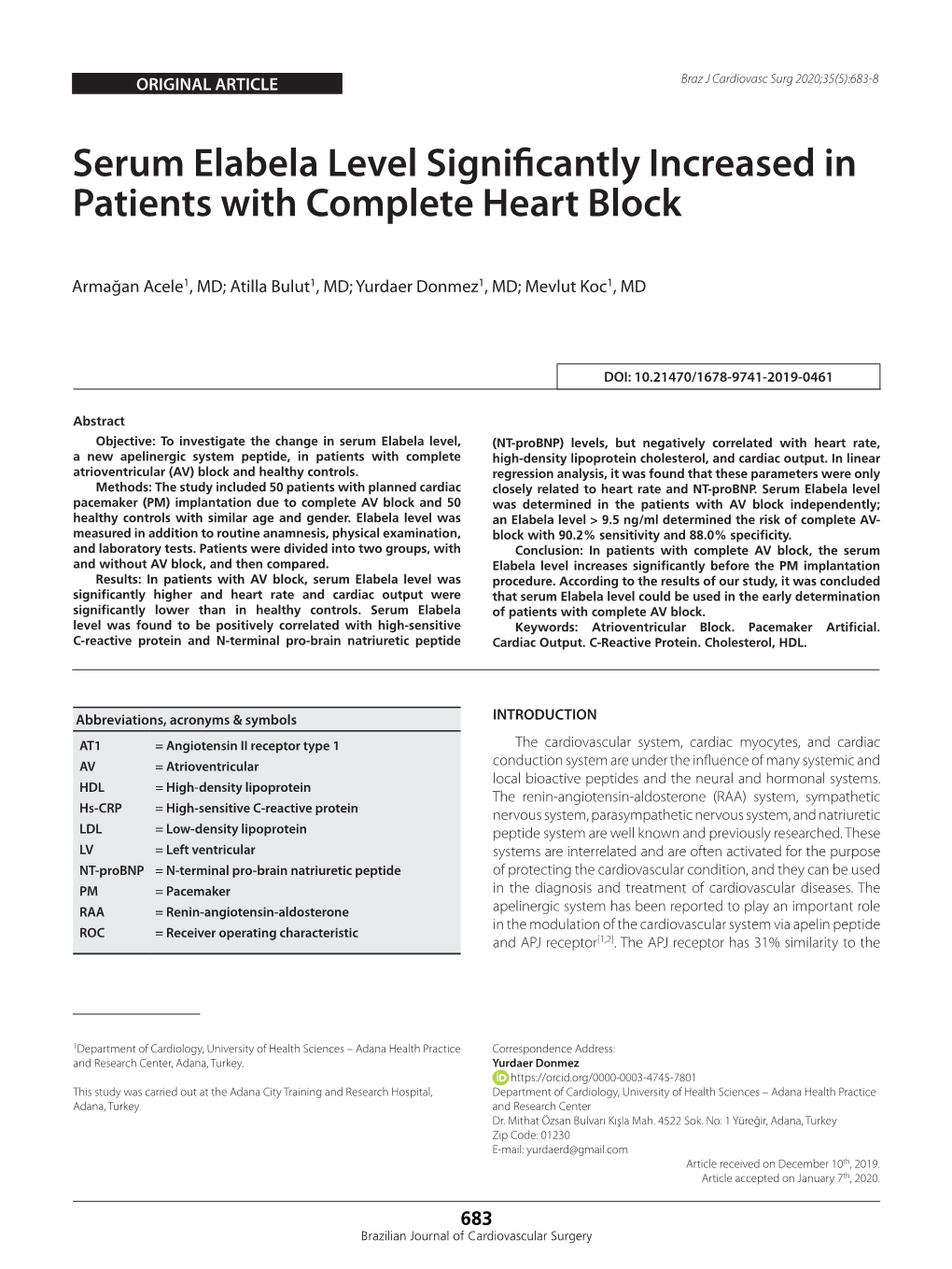 Serum Elabela Level Significantly Increased in Patients with Complete Heart Block