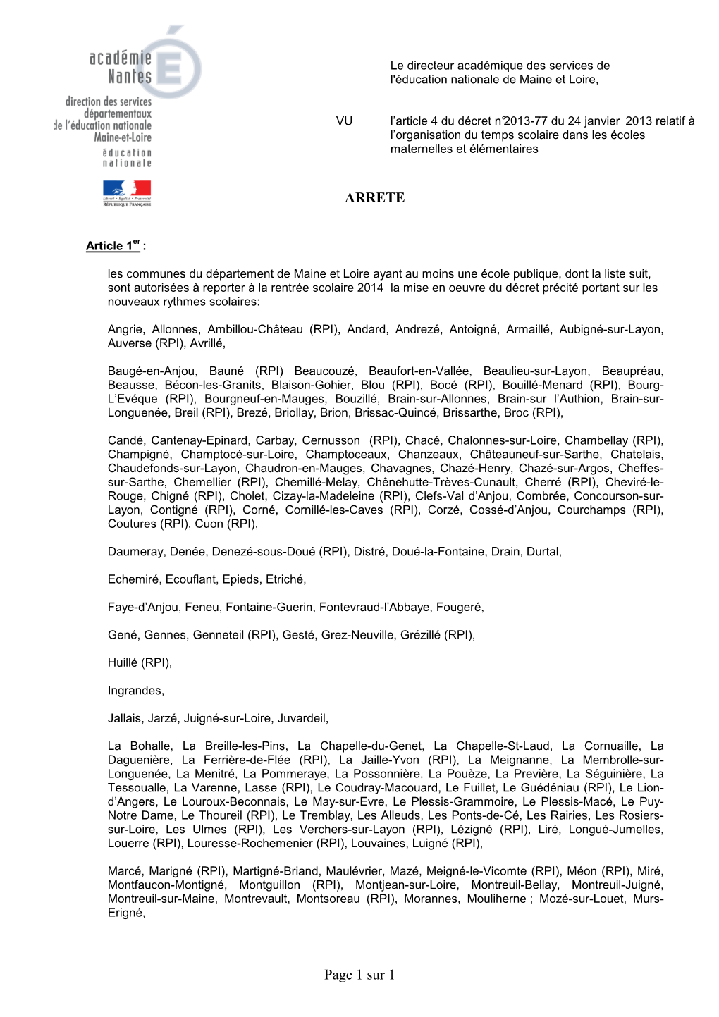 Arrêté Du DASEN Des Communes De Maine Et Loire Mettant En Oeuvre La