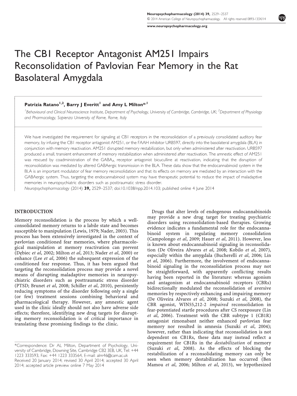 The CB1 Receptor Antagonist AM251 Impairs Reconsolidation of Pavlovian Fear Memory in the Rat Basolateral Amygdala