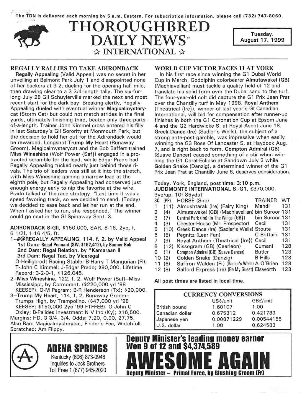 AWESOME AGAIN Deputy Minister - Primai Force, by Biushing Groom (Frl TDN Tv INTERNATIONAL * 8/17/99 * PAGE 2