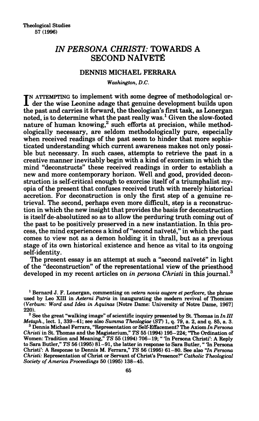 IN PERSONA CHRISTI: TOWARDS a SECOND NAIVETE DENNIS MICHAEL FERRARA Washington, D.C