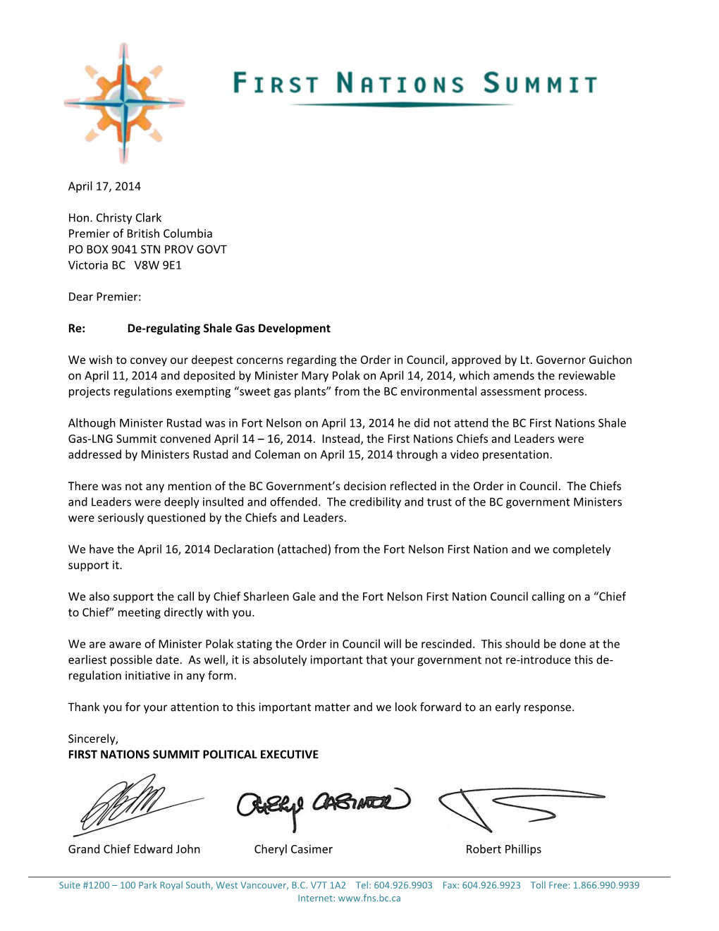 April 17, 2014 Hon. Christy Clark Premier of British Columbia PO
