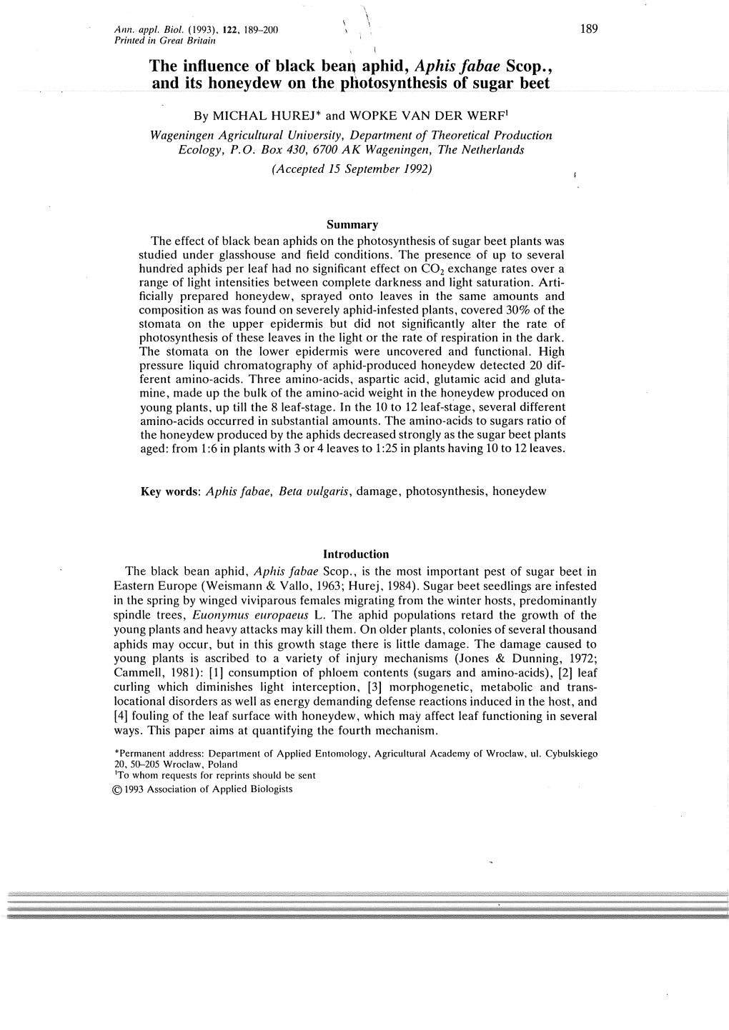 The Influence of Black Beaq Aphid, Aphis Fabae Scop., and Its Honeydew on the Photosynthesis of Sugar Beet