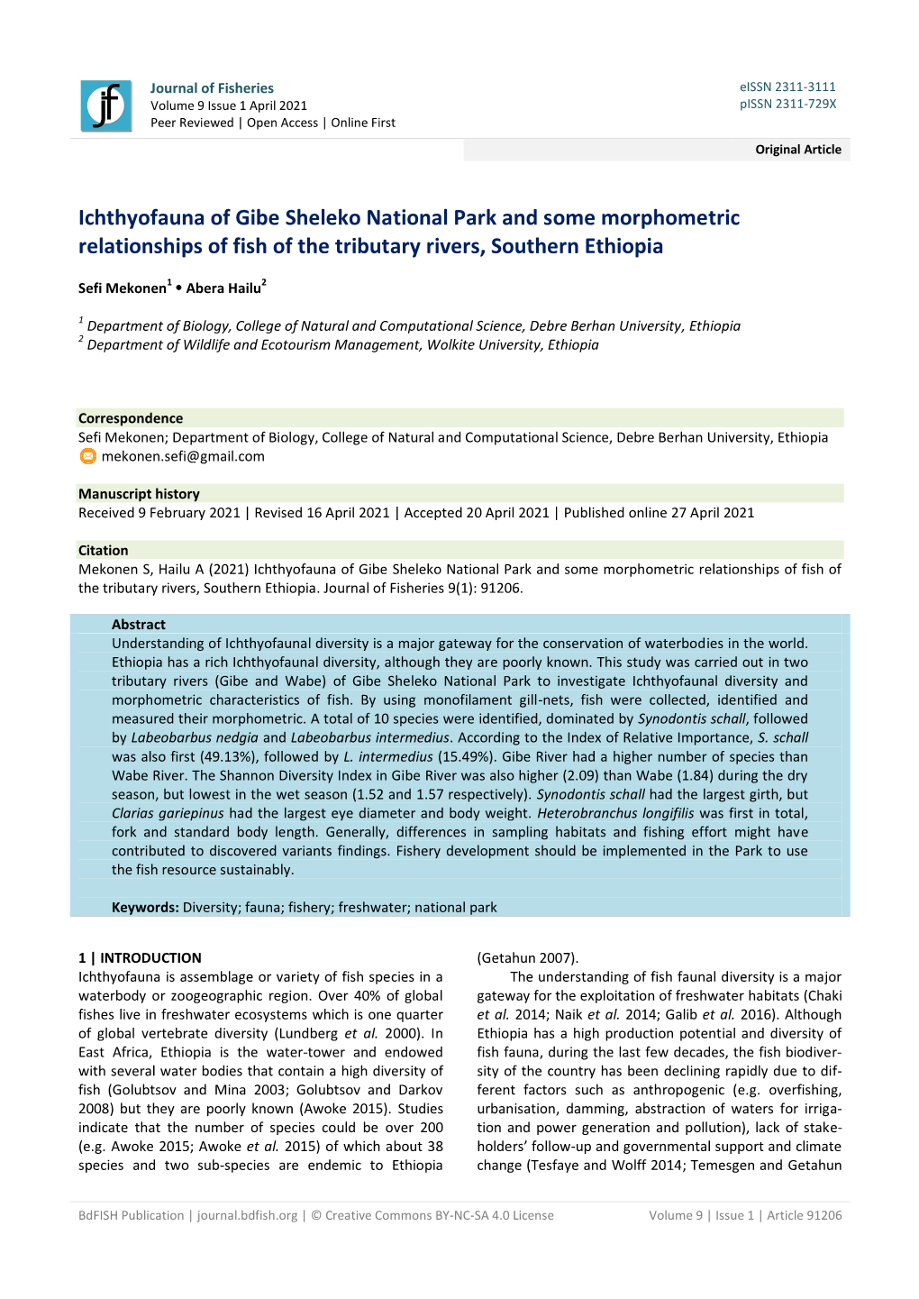 Ichthyofauna of Gibe Sheleko National Park and Some Morphometric Relationships of Fish of the Tributary Rivers, Southern Ethiopia