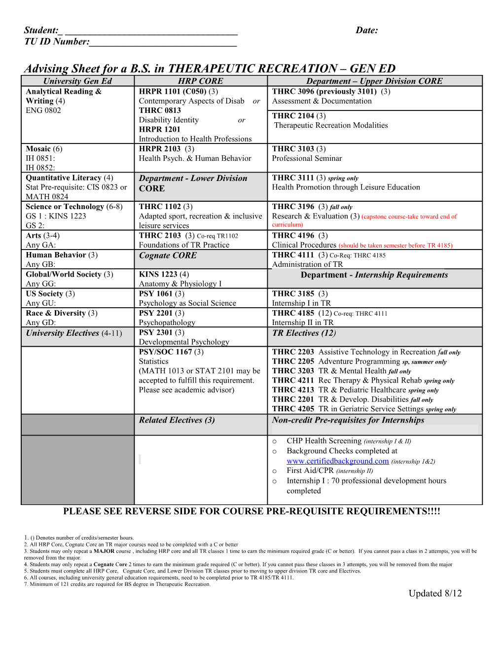 Advising Sheet for a B.S. in THERAPEUTIC RECREATION GEN ED