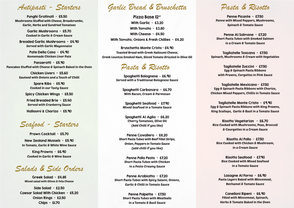 Starters Garlic Bread & Bruschetta Salads & Side Orders Pasta & R