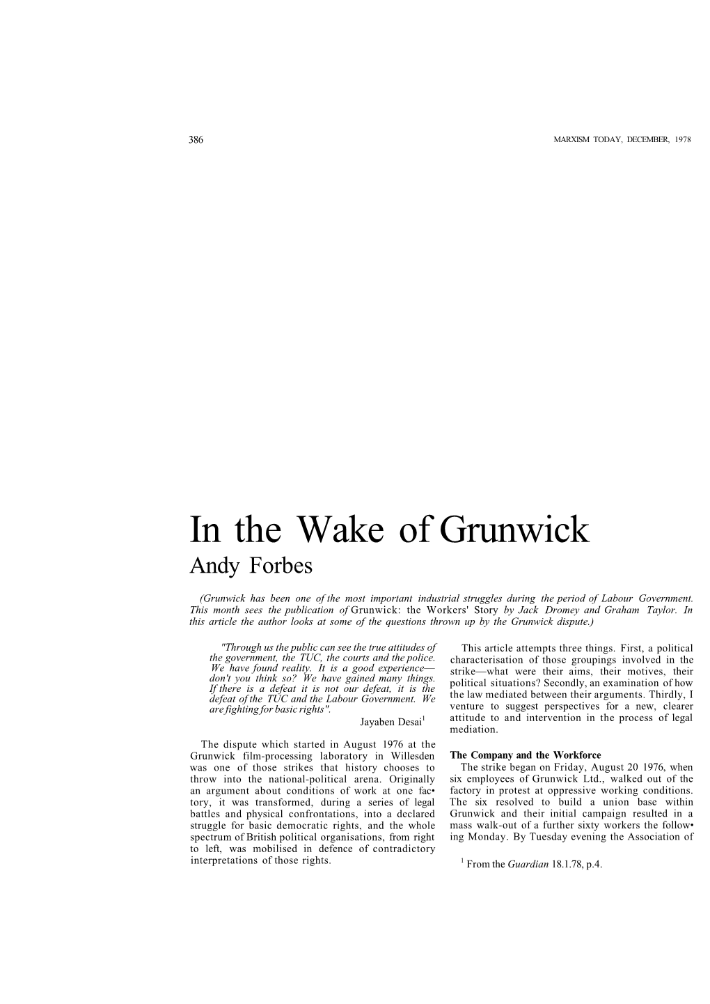 In the Wake of Grunwick Andy Forbes