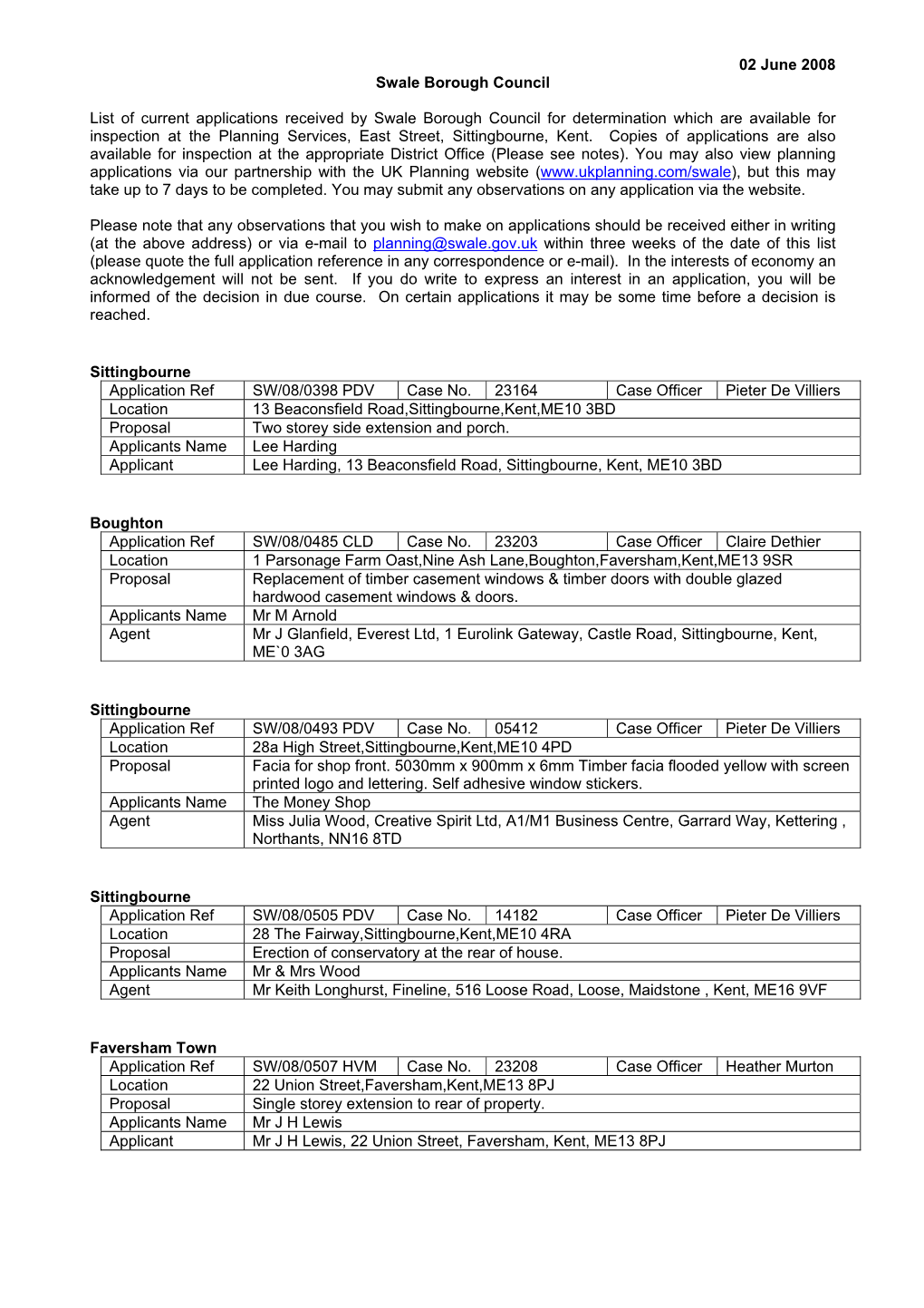 02 June 2008 Swale Borough Council List of Current Applications Received