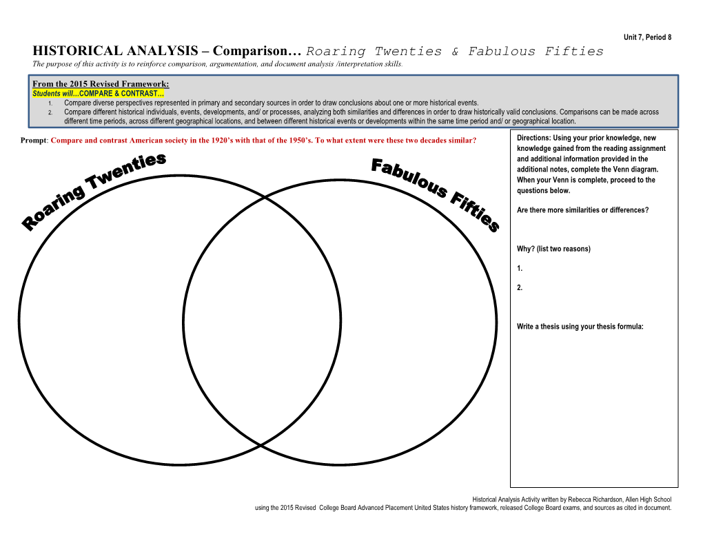 HISTORICAL ANALYSIS – Comparison… Roaring Twenties