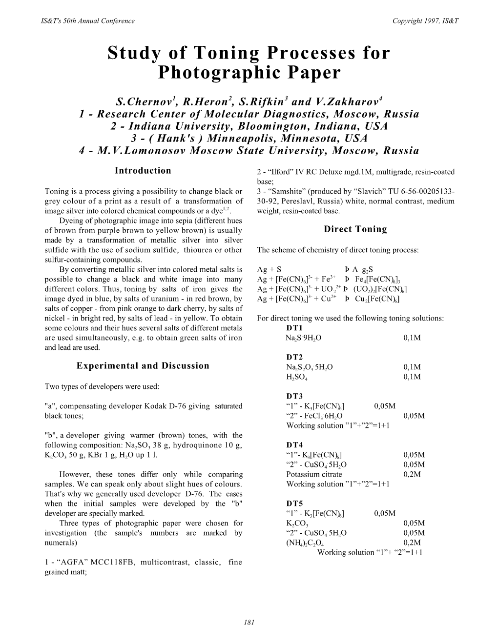 Study of Toning Processes for Photographic Paper