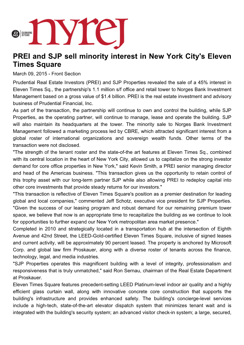 PREI and SJP Sell Minority Interest in New York City's