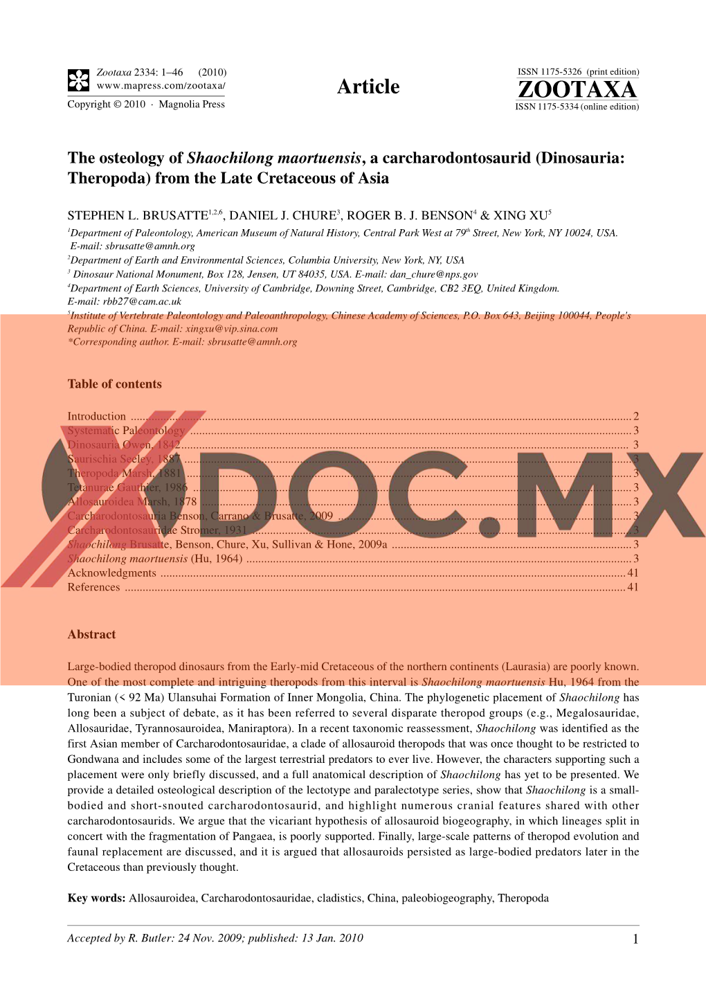 Zootaxa 2334: 1–46 (2010) ISSN 1175-5326 (Print Edition) Article ZOOTAXA Copyright © 2010 · Magnolia Press ISSN 1175-5334 (Online Edition)