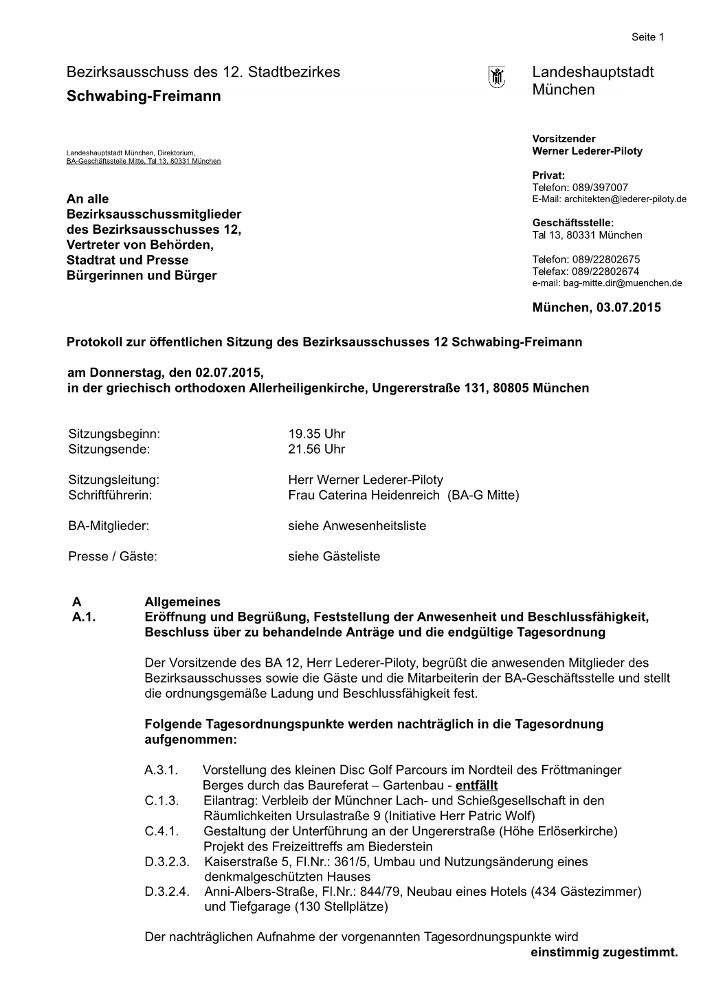 Bezirksausschuss Des 12. Stadtbezirkes Landeshauptstadt Schwabing-Freimann München