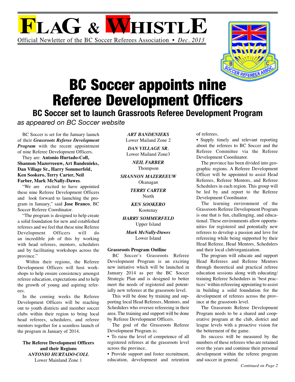 FLAG & WHISTLE BC Soccer Appoints Nine Referee Development Officers
