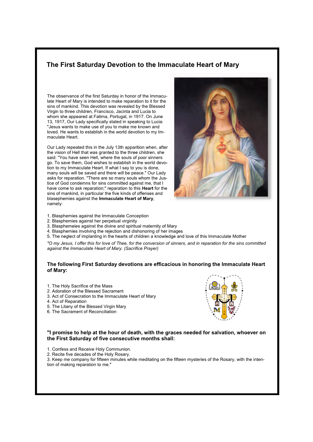 The First Saturday Devotion to the Immaculate Heart of Mary