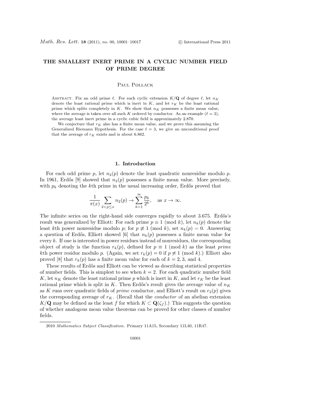 The Smallest Inert Prime in a Cyclic Number Field of Prime Degree