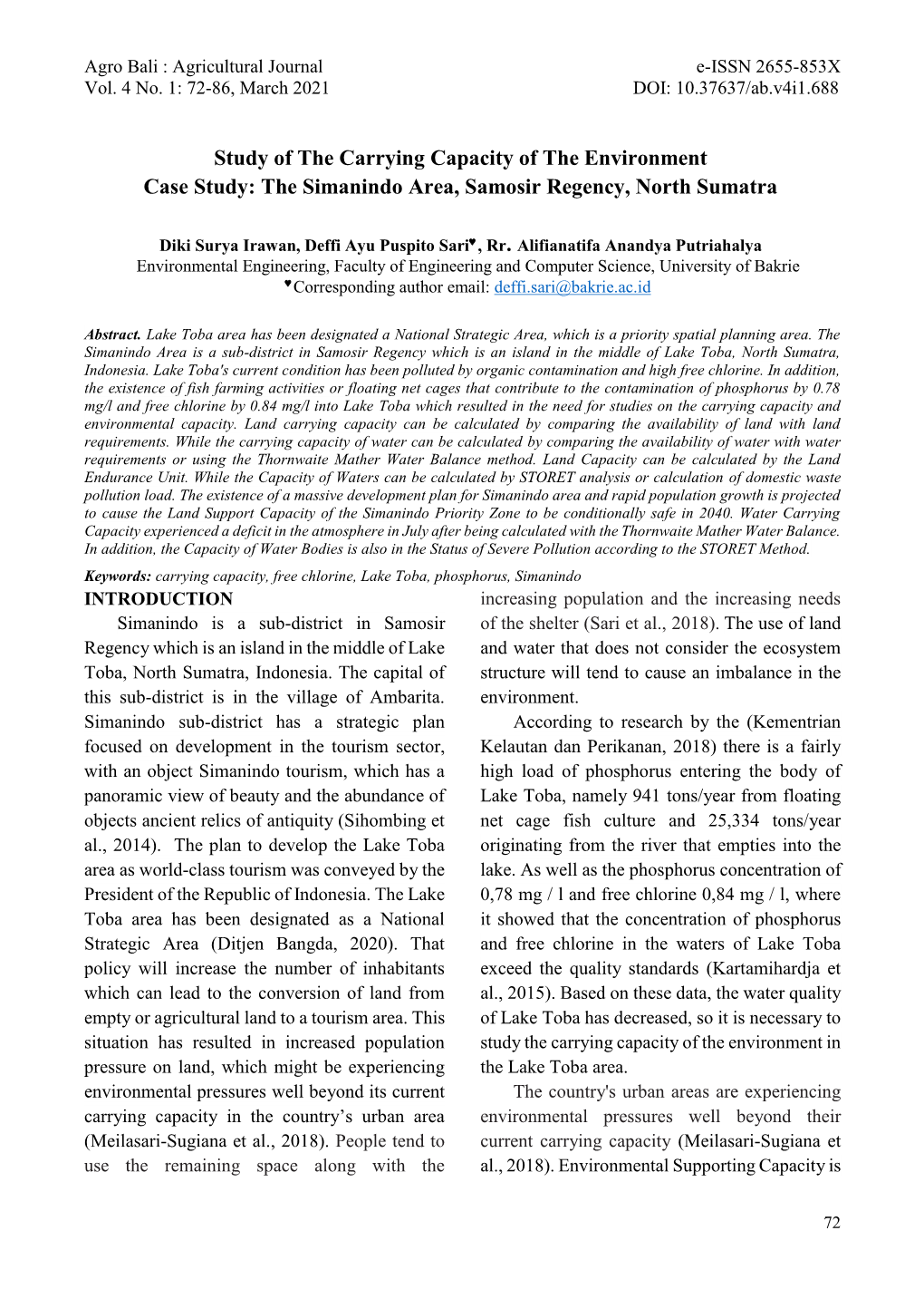 Study of the Carrying Capacity of the Environment Case Study: the Simanindo Area, Samosir Regency, North Sumatra