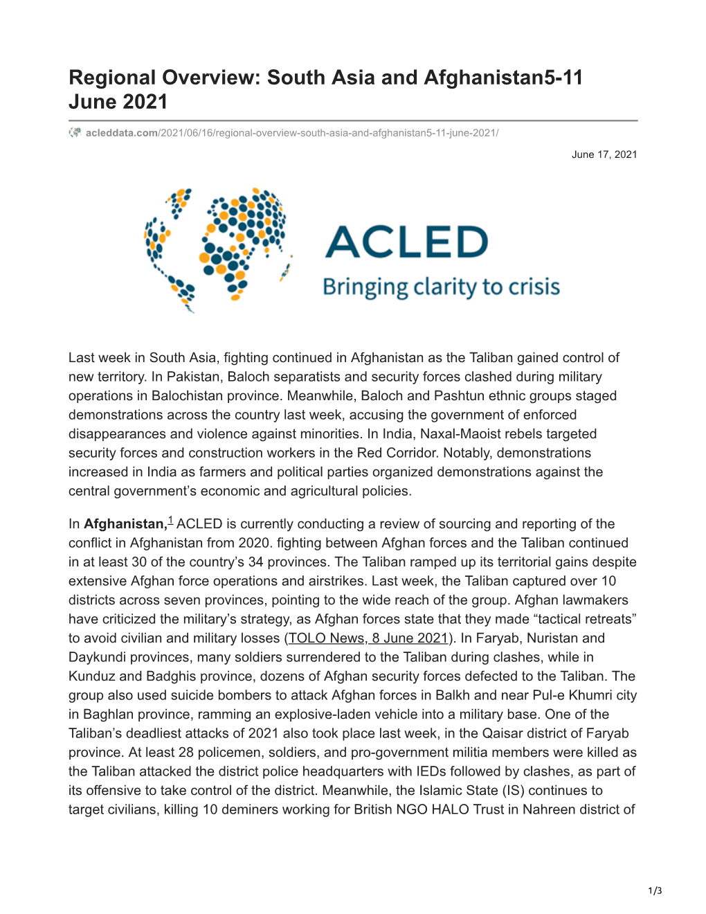 Regional Overview: South Asia and Afghanistan5-11 June 2021