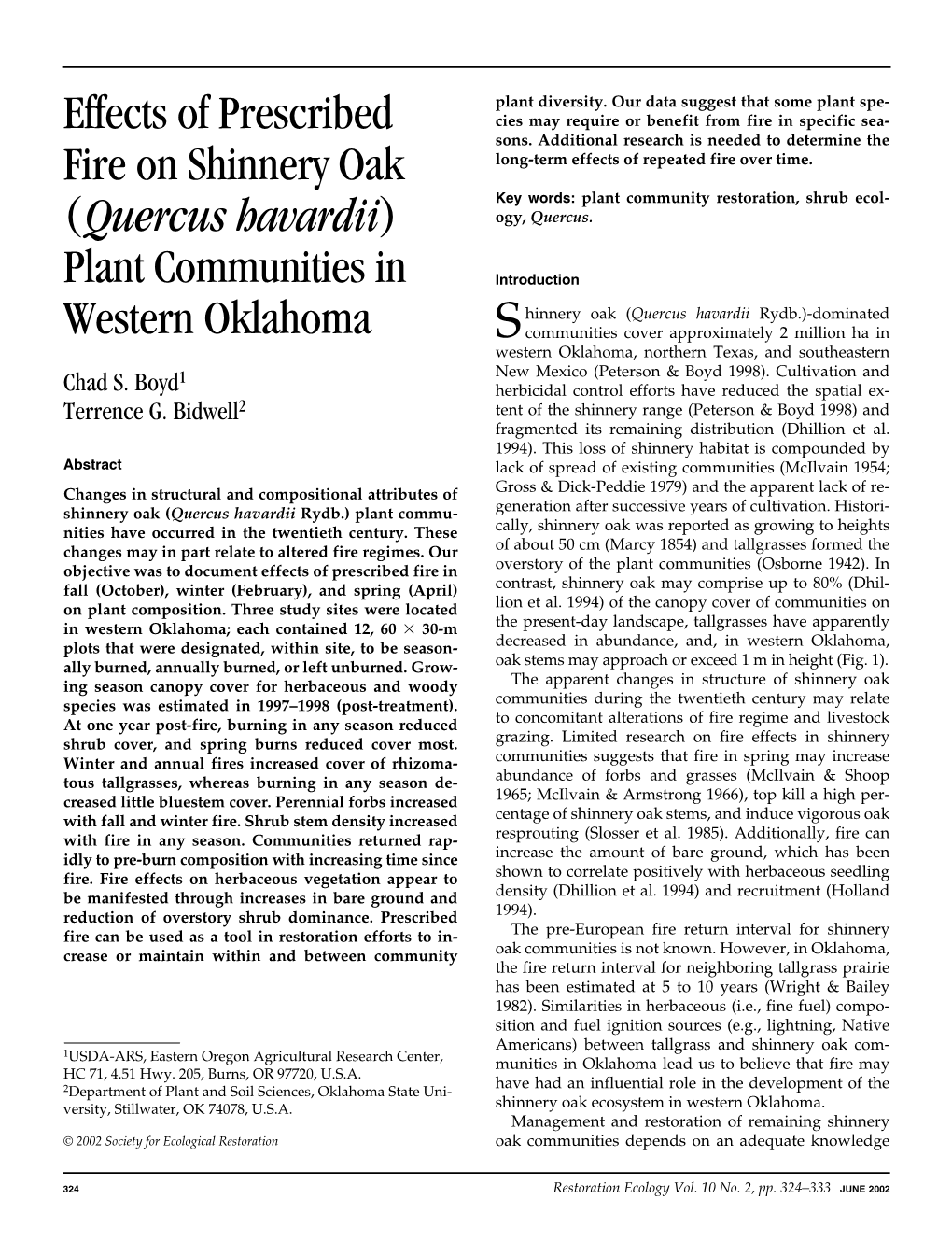 Effects of Prescribed Fire on Shinnery Oak (Quercus Havardii)