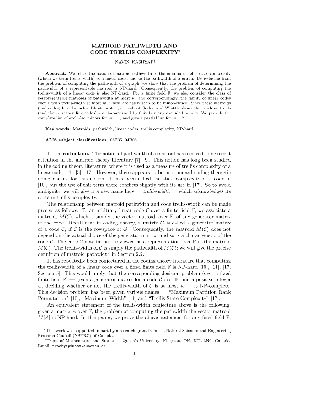 Matroid Pathwidth and Code Trellis Complexity∗ 1