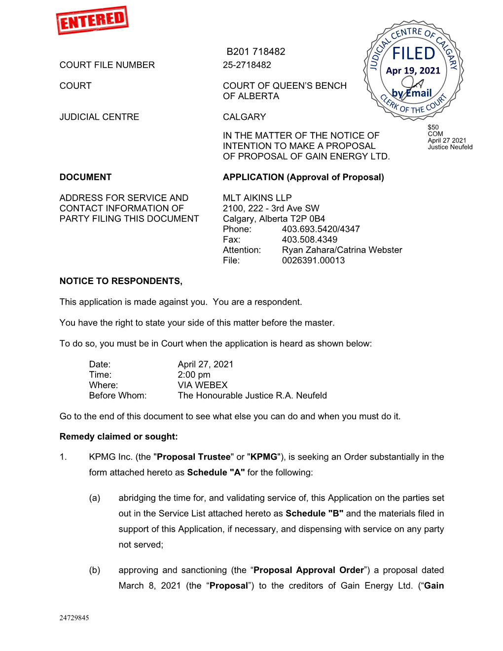 Application (Approval of Proposal) Filed April 19, 2021