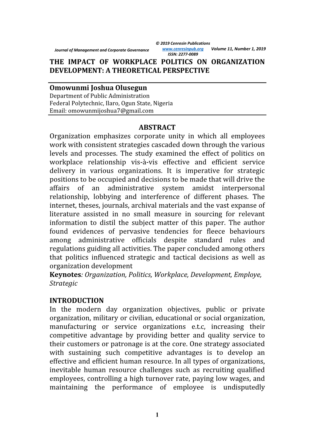 The Impact of Workplace Politics on Organization Development: a Theoretical Perspective