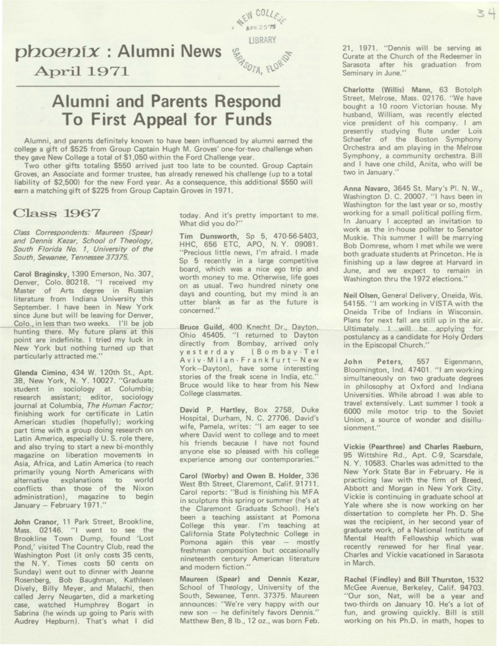 Alumni News Alumni and Parents Respond to First Appeal for Funds