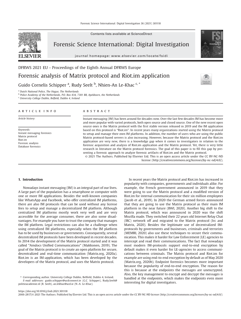 Forensic Analysis of Matrix Protocol and Riot.Im Application