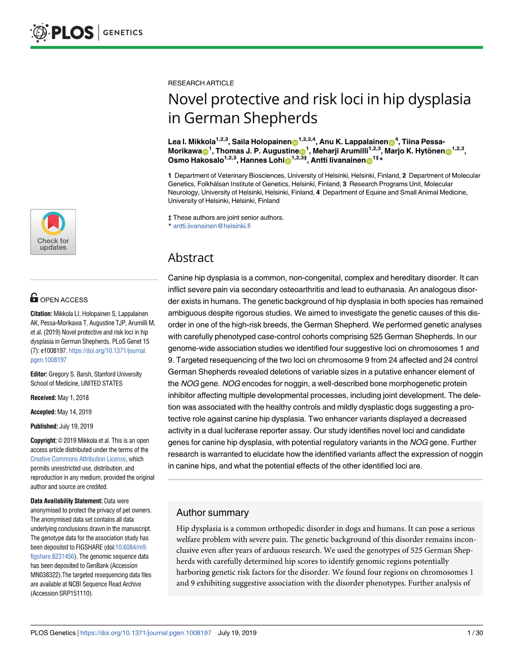 Novel Protective and Risk Loci in Hip Dysplasia in German Shepherds