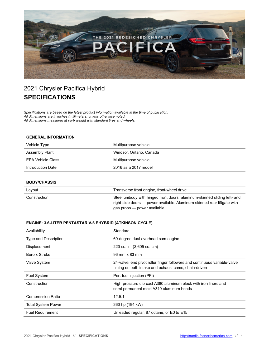 2021 Chrysler Pacifica Hybrid SPECIFICATIONS